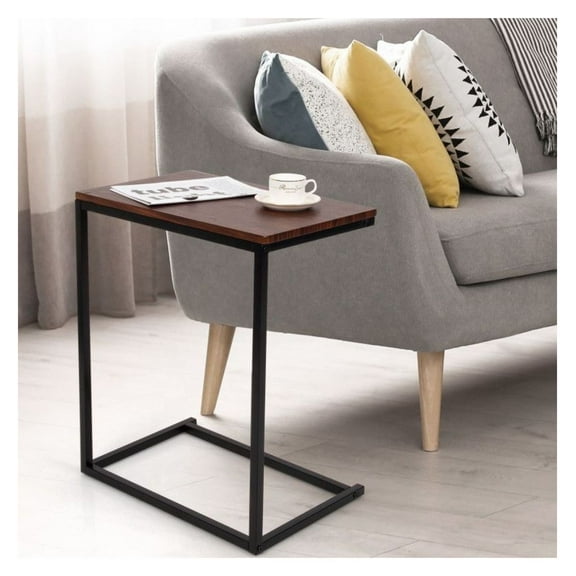 26 Inch Beside Sofa Laptop Table, End Side Stand Desk with Storage, L-Shape Metal Frame, Home Office Living Room Bedroom, Dark Brown