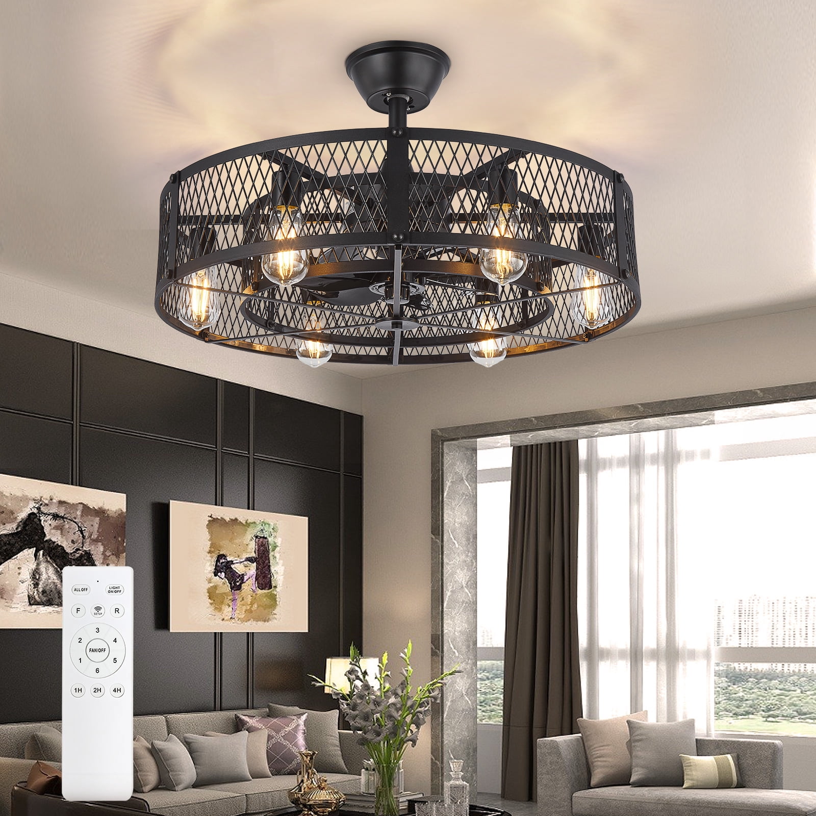 26-Inch Black Outdoor Ceiling Fan with Light: Ceiling Fan with Smart Remote Control, Farmhouse Cage Design, 6-Speed Reversible - Flush Mount for Patio, Kitchen, Bedroom