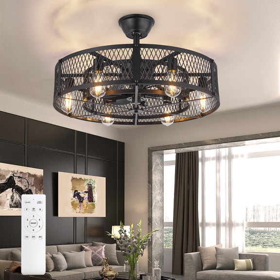 26-Inch Black Outdoor Ceiling Fan with Light: Ceiling Fan with Smart Remote Control, Farmhouse Cage Design, 6-Speed Reversible - Flush Mount for Patio, Kitchen, Bedroom
