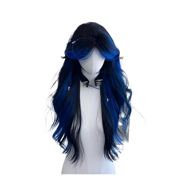 26 Inch Blue and Black Women's Wig Big Waves with Bangs for Cosplay Party Themed Costume Synthetic Hair