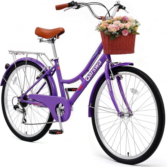 QARSWA 26 in Women's City Bike, Shimano 7-Speed Cruiser Bicycle with Basket and Rear Rack