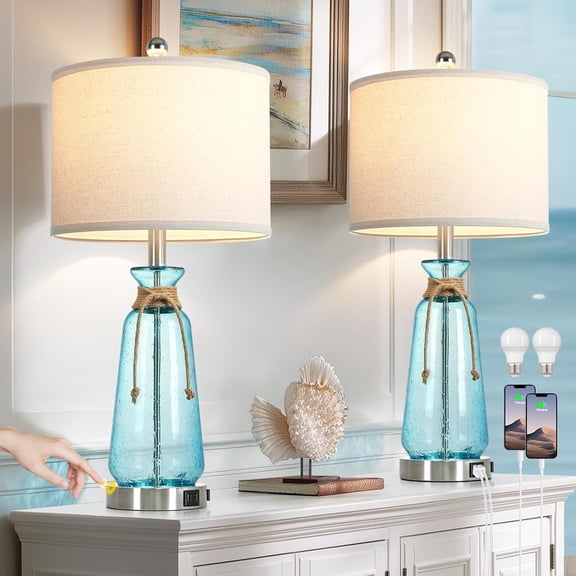 26 Inch Coastal Style Table Lamps Set of 2 with 3-Way Dimmable Lighting USB Ports and AC Outlet Teal