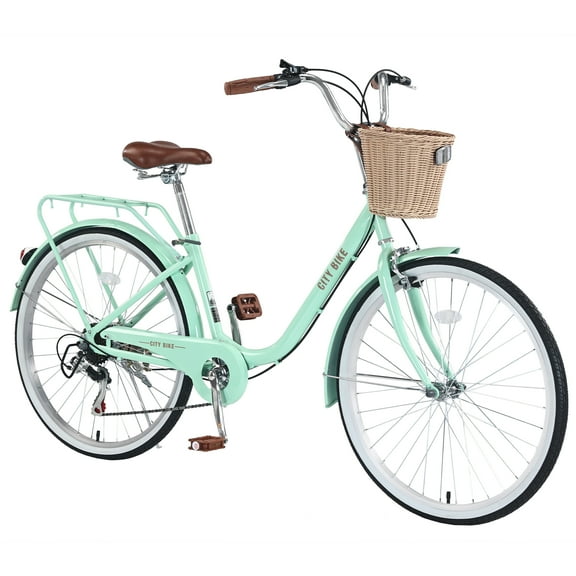 26 Inch Commuter Bicycle for Adults Womens 7 Speed City Bike with Rear Rack and Basket,Green