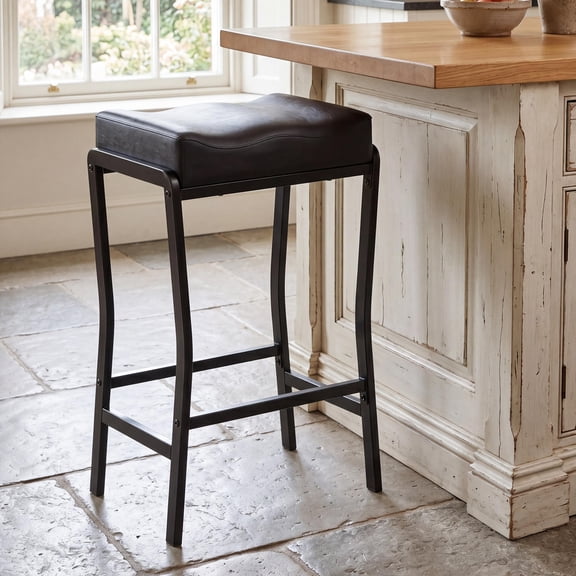 26 Inch Counter Height Bar Stool, Modern Saddle Seat with Thick Padded Faux Leather, Durable Black Metal Frame & Footrest, for Kitchen Island or Dining Room, Black