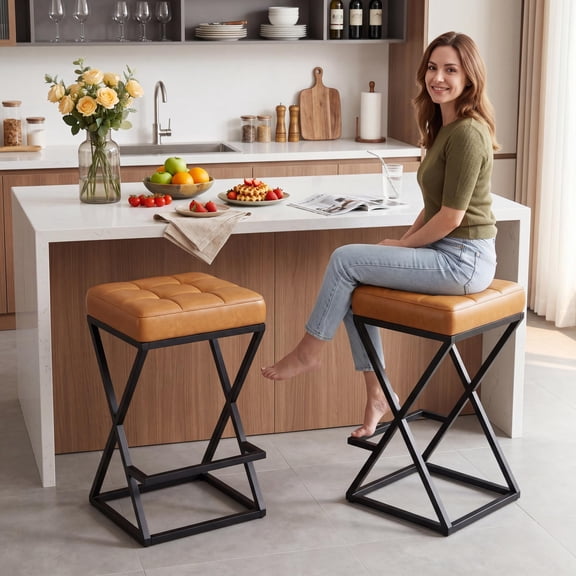 26 Inch Counter Height Bar Stools Set of 2, Backless Faux Leather with X-Frame Legs & Footrest, 350LBS Modern Stools for Kitchen Island, Cafe, Small Apartment,Brown