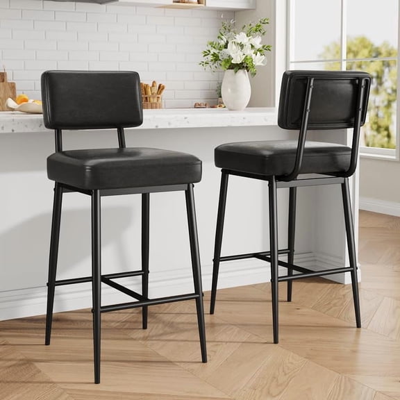 26 Inch Faux Leather Counter Height Bar Stools with Backrest, Modern Upholstered Bar Chairs for Kitchen Island Dining Room, Black Lychee Texture V615-4001, Set of 2