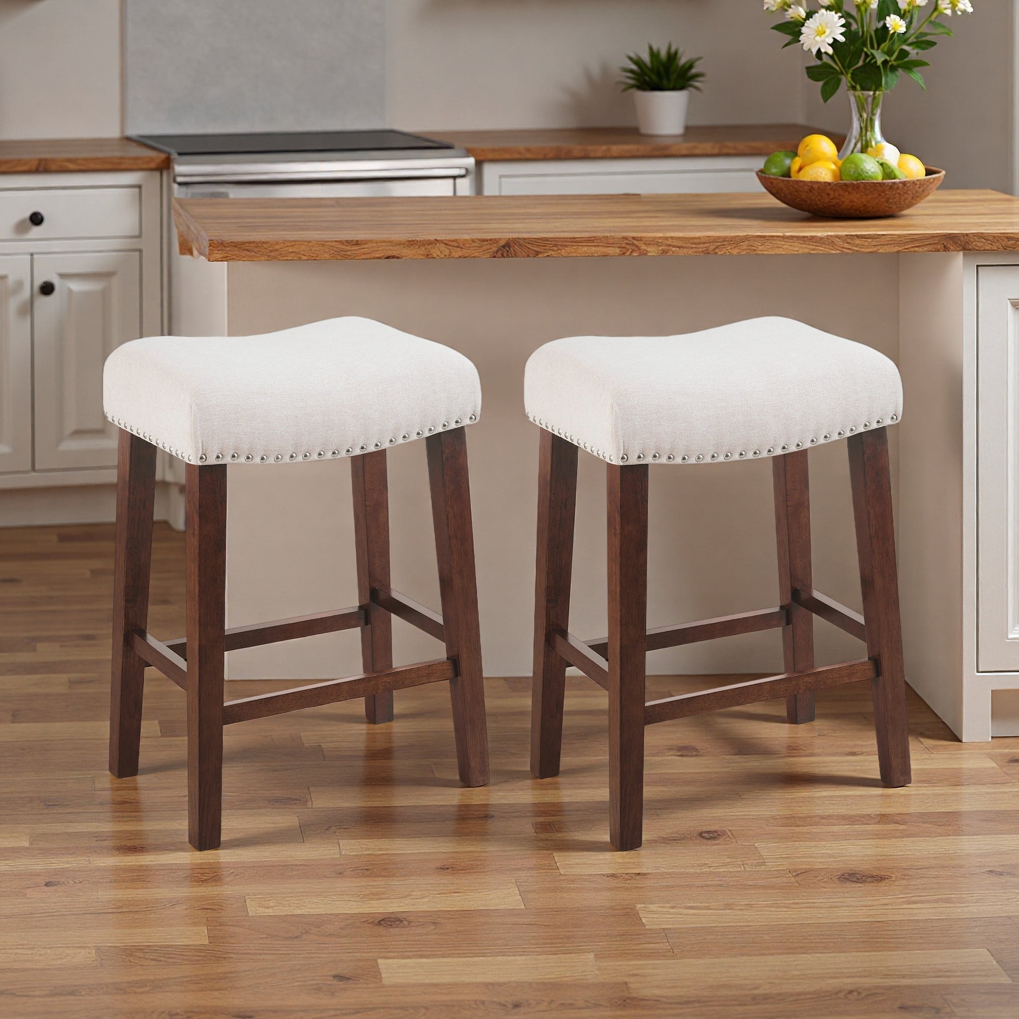 26 Inch Counter Height Bar Stools Set of 2 Saddle Barstools for Kitchen Island, Bonded Leather Kitchen Stools, Beige
