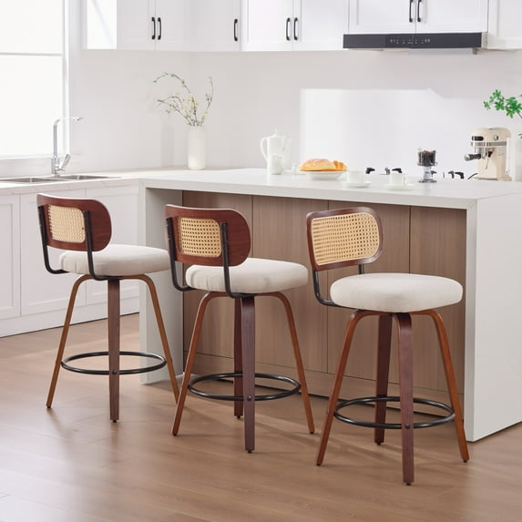 26-Inch Counter Height Bar Stools Set of 3, Walnut Black Cane Rattan Back, Beige Linen Upholstered Seat, Swivel Design for Kitchen Island
