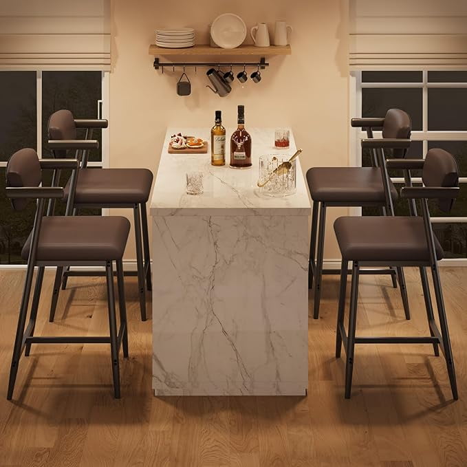 26 Inch Counter Height Bar Stools Set of 4, Modern Faux Leather High Barstools with Back and Metal Leg, Bar Chairs for Kitchen lsland, Brown
