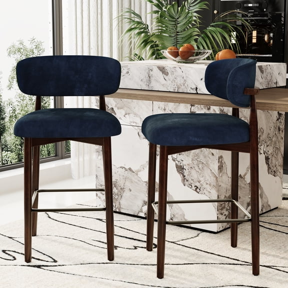 26 Inch Counter Height Bar Stools with Wood Legs, Linen Fabric Upholstered Bar Chairs with Back and Metal Footrest for Kitchen Island and Bar, 2 Pack, Blue
