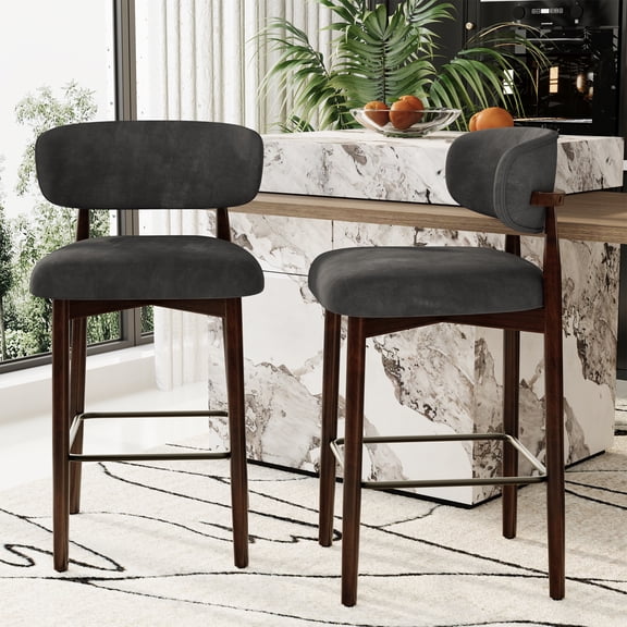 26 Inch Counter Height Bar Stools with Wood Legs, Linen Fabric Upholstered Bar Chairs with Back and Metal Footrest for Kitchen Island and Bar, 2 Pack, Dark Gray
