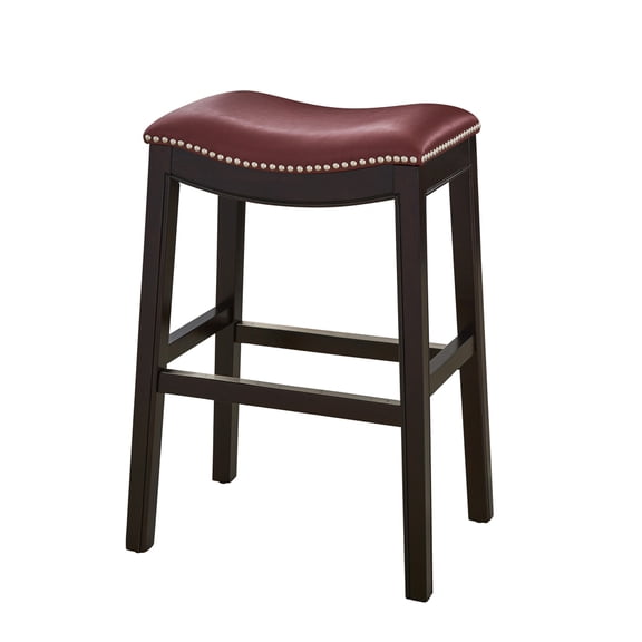 26 Inch Counter Height Solid Hardwood Bar Stool Red PU Faux Leather Seat Nailhead Trim Metal Foot Caps Easy Assembly