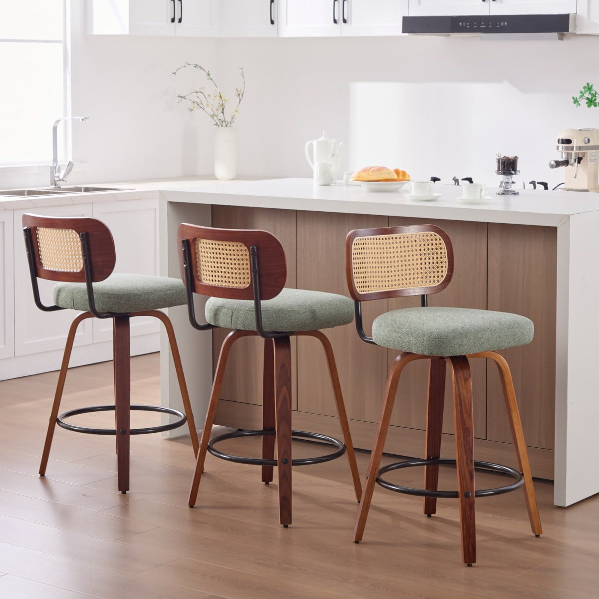 26 Inch Counter Height Swivel Bar Stools, Set of 3 Upholstered Faux Leather Bar Chairs with Walnut Back, Bentwood Legs, Mid Century Modern Island Stools for Kitchen Counter