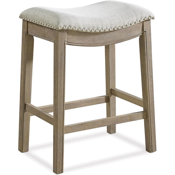 26 Inch Counter Stool, Backless Saddle Kitchen Barstool in Reclaimed Oak Finish with Ash Grey Fabric Upholstery Cushion Seat