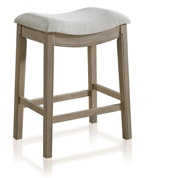 26 Inch Counter Stool, Backless Saddle Kitchen Barstool in Reclaimed Oak Finish with Grey Fabric Upholstery Cushion Seat