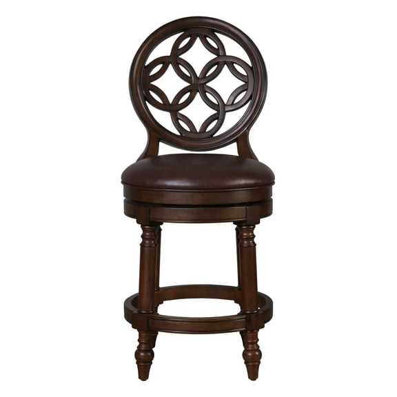 26 Inch Distressed Walnut Solid Wood Counter Height Swivel Bar Stool Hollow Cutout High Back 180 Auto Return Dark Faux Leather Cushioned Seat Metal Ring Footrest Kitchen Island Bar Chair