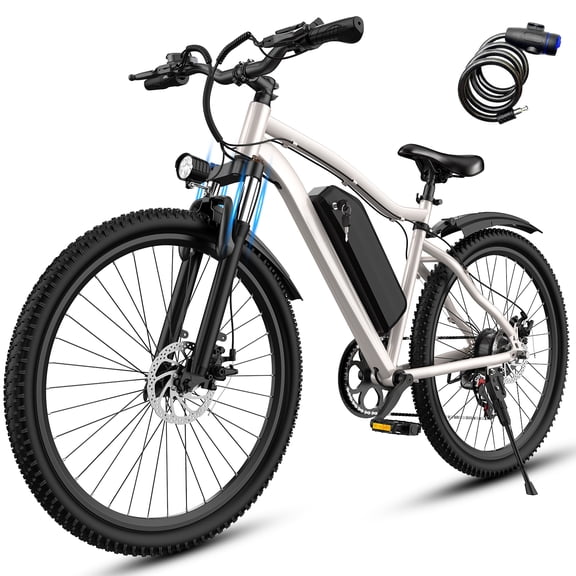 26 Inch Electric Mountain Bike 36V 720W Peak Power 35mi Range Shimano 7-Speed Gears Dual Disc Brakes Suspension Fork 20MPH 330lbs Max Load Cream