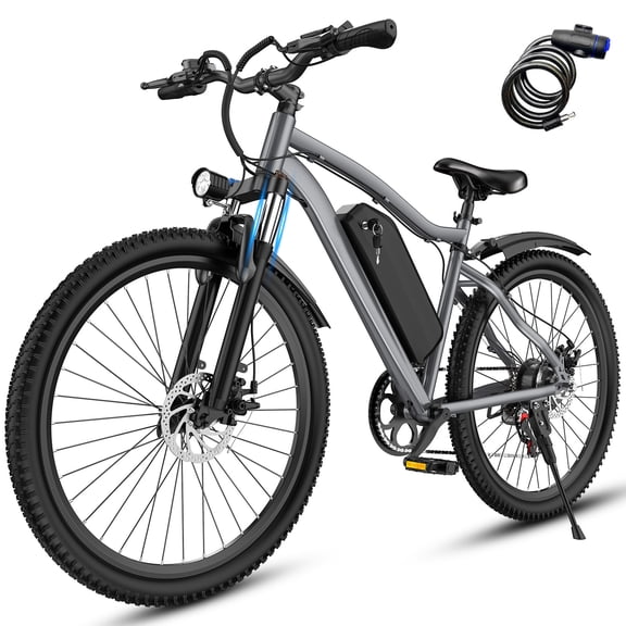 26 Inch Electric Mountain Bike 36V 720W Peak Power 35mi Range Shimano 7-Speed Gears Dual Disc Brakes Suspension Fork 20MPH 330lbs Max Load Gray