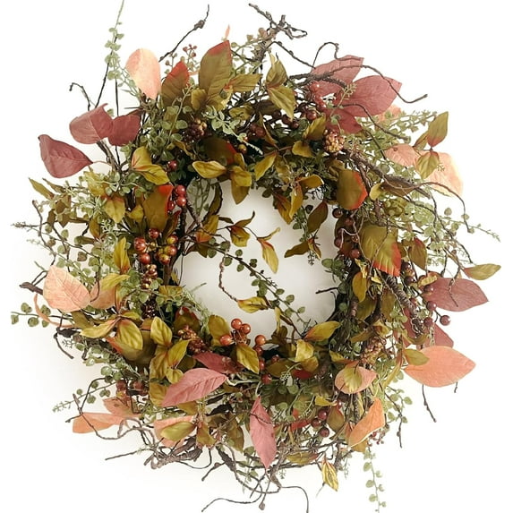26 Inch Fall Wreaths for Front Door Burgundy Berry Wreath with Leave, Large Autumn Wreath Decor on Grapevine for Farmhouse Front Door Wall Window Home Decoration and Christmas Thanksgiving