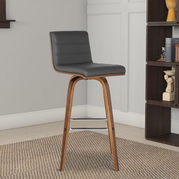 26 Inch Faux Leather Counter Height Barstool with Wooden Support, Gray - Saltoro Sherpi