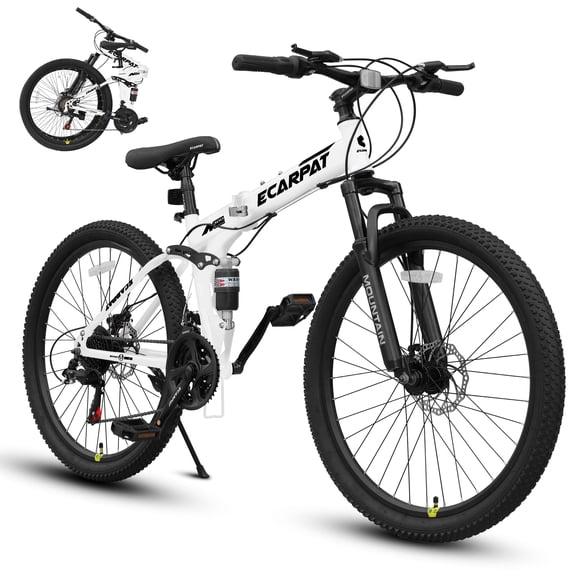 Ecarpat 26 Inch Folding Mountain Bike, 21 Speed Full Suspension Bicycle Dual Disc Brake, Durable Steel Fold Bike for Women and Man