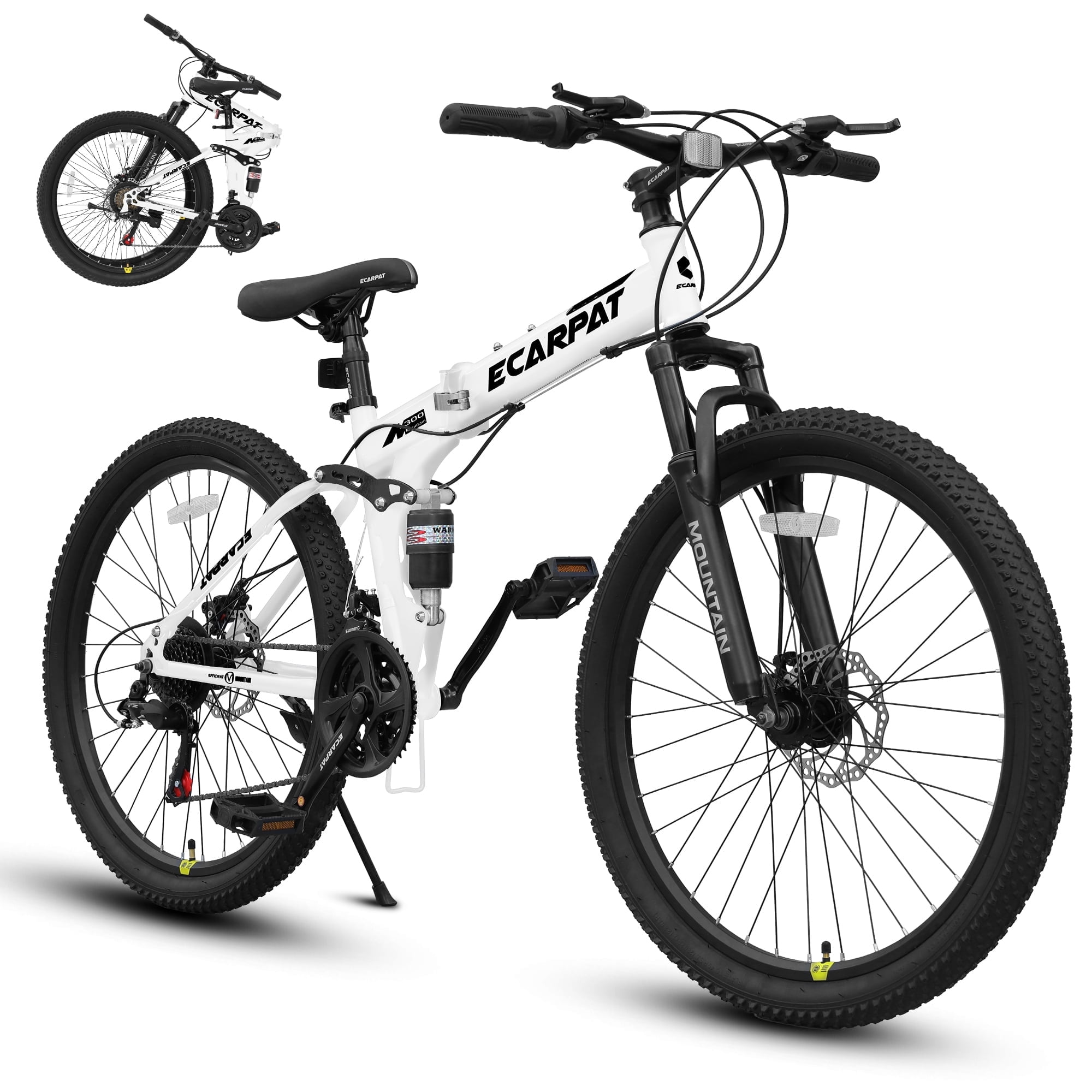 Ecarpat 26 Inch Folding Mountain Bike, 21 Speed Full Suspension Bicycle Dual Disc Brake, Durable Steel Fold Bike for Women and Man