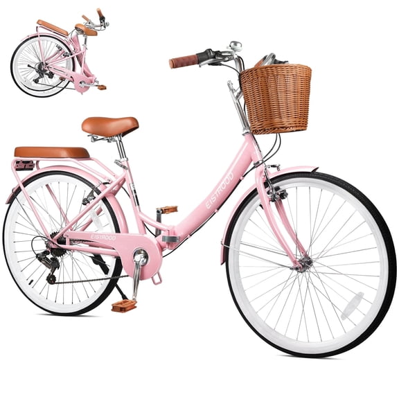 STICCIO 26 inch Womens Folding Beach Cruiser Bike, 7-Speed Shimano Foldable Bicycle Upgraded U-Brake, Front Basket Rear Rack for Adult City Riding