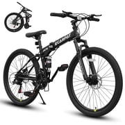 26 Inch Folding Mountain Bike Full Suspension, 21 Speed Foldable Mountain Bicycle with Dual Disc Brakes, High-Carbon Steel Frame MTB for Adults Men Women Outdoor Trail Commuter, Black