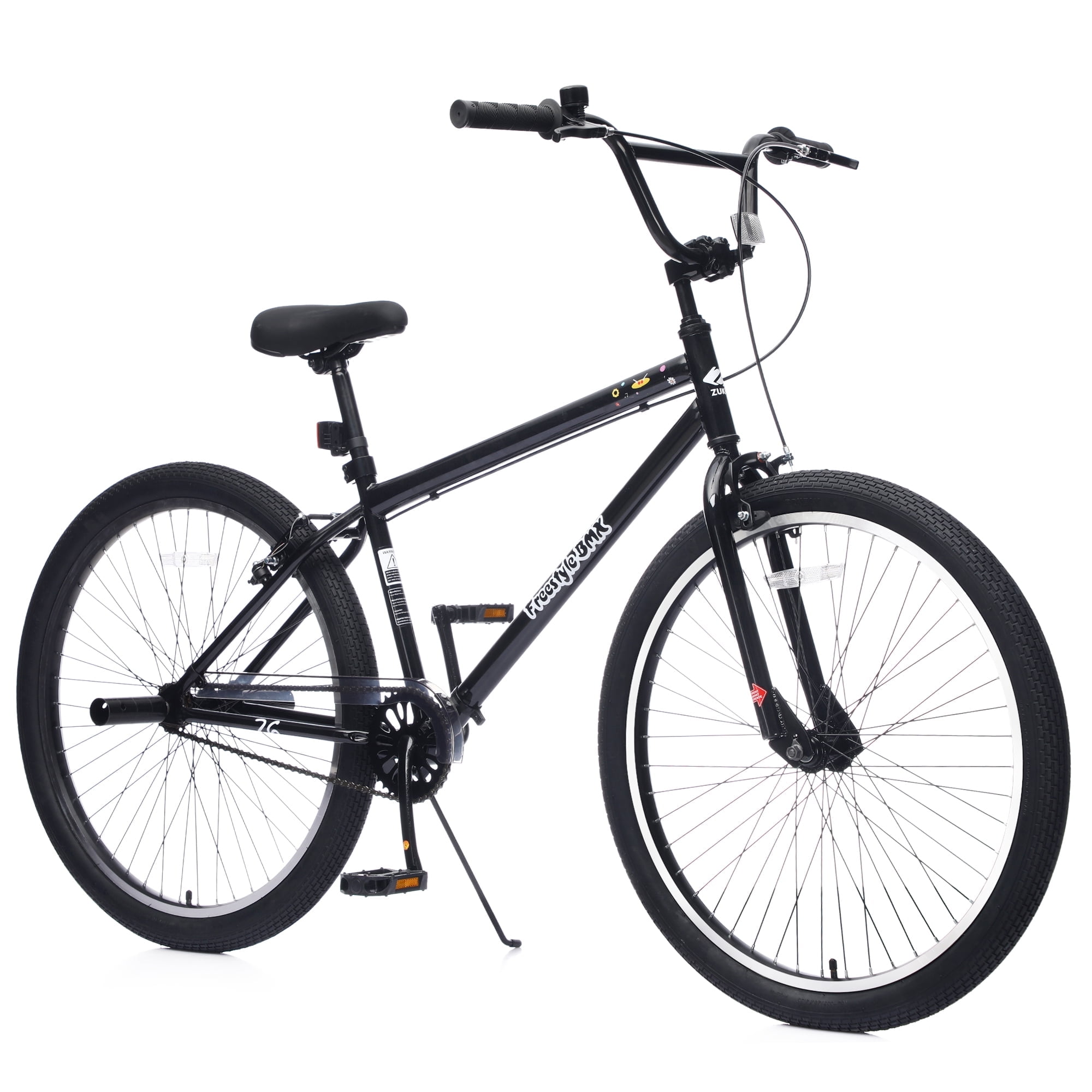26 Inch Freestyle Bike for Teens and Adults, High-Carbon Steel Frame Single-Speed Bicycle with BMX Pegs, Front Caliper and Rear V-Brakes, All-Terrain Outdoor Bicycle for Riders 5'4"-6'2"