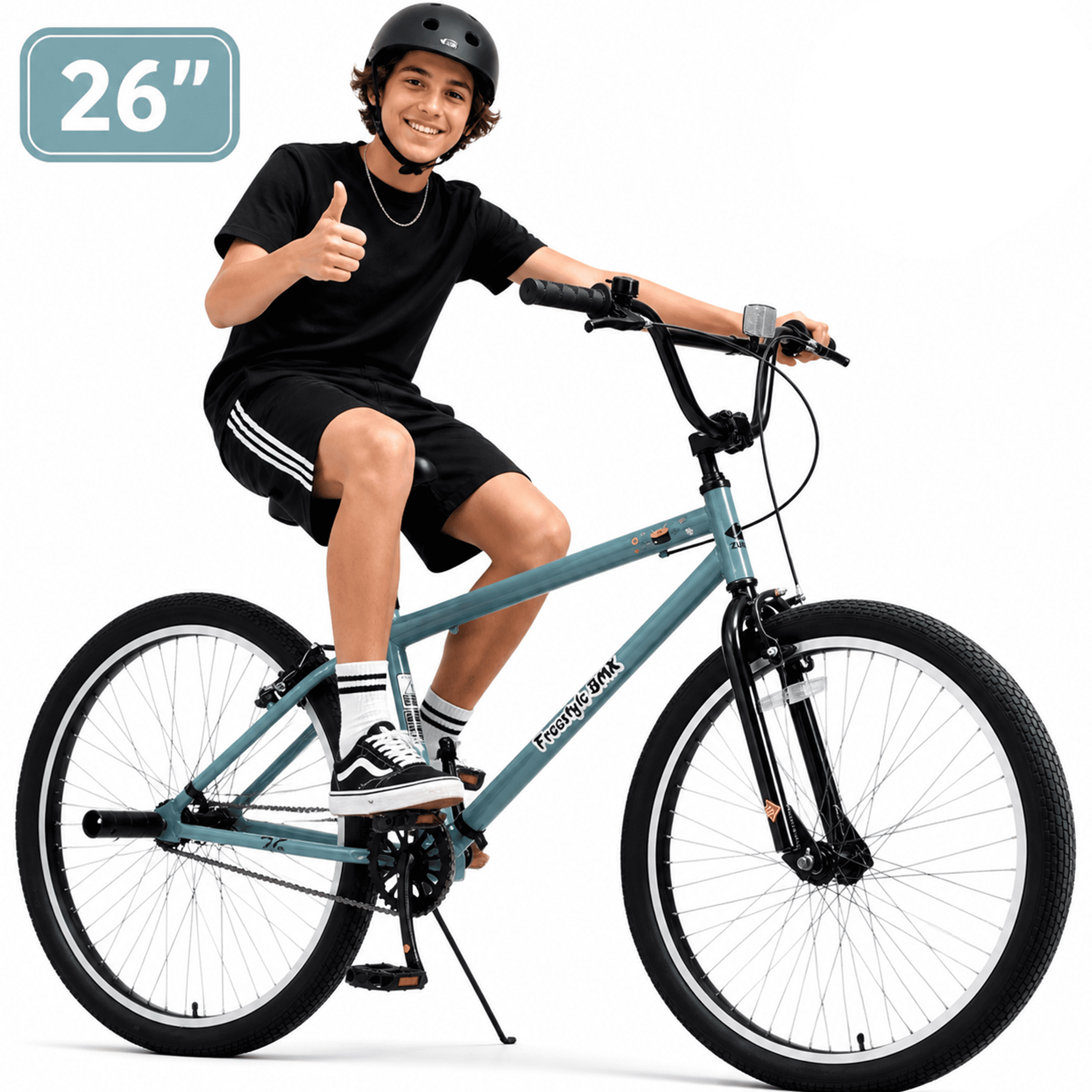 26 Inch Freestyle Bike for Teens and Adults, Single-Speed BMX Style Bicycle with 2 Pegs and High-Performance 2.35" Tires, Carbon Steel Frame Mountain Bike for Boys and Girls Ages 14+, Blue