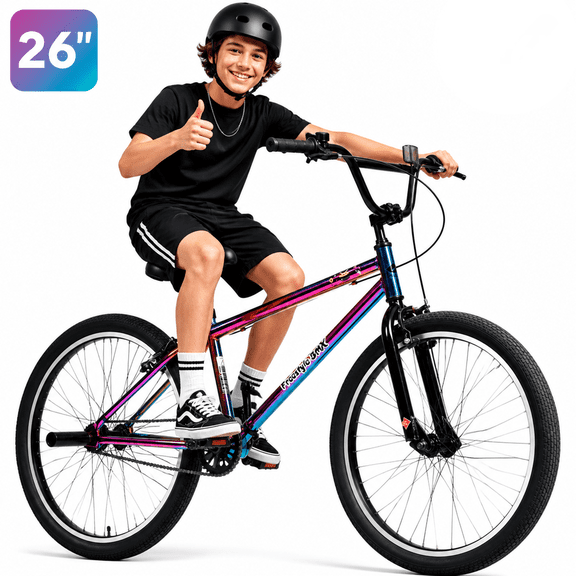 26 Inch Freestyle Bike for Teens and Adults, Single-Speed Mountain Bike with Carbon Steel Frame and 2 BMX Pegs, Front Caliper and Rear V Brakes, Colorful Outdoor Bicycle for Riders 5'4"-6'2"