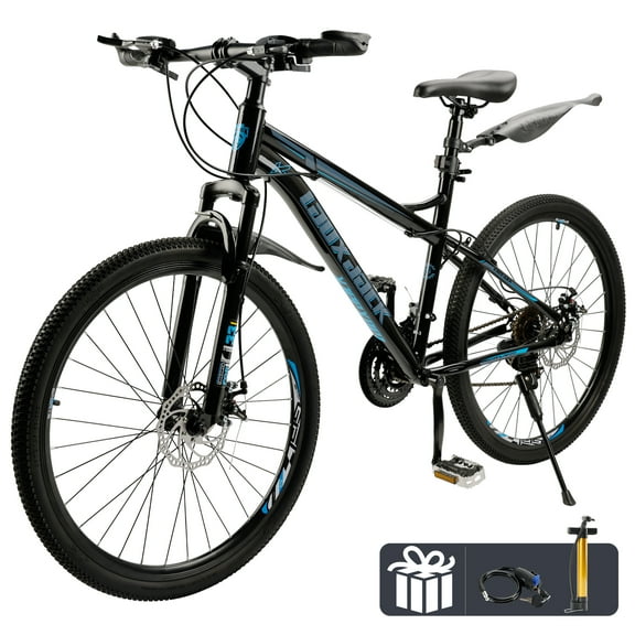 26 Inch Full Suspension Mens Mountain Bike, Shimano 21 Speed, Dual Disc Brake Bike for Men Womens Teen Adult Bicycle With Bike Lock And Air Pump