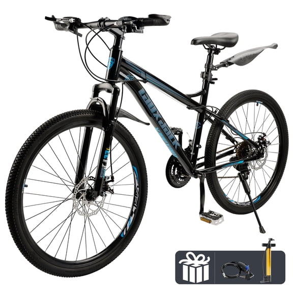26 Inch Full Suspension Mens Mountain Bike, Shimano 21 Speed, Dual Disc Brake Bike for Men Womens Teen Adult Bicycle With Bike Lock And Air Pump