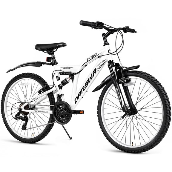 QARSWA 26" Full Suspension Mountain Bike, 21 Speed Bicycle for Teens and Adults, White