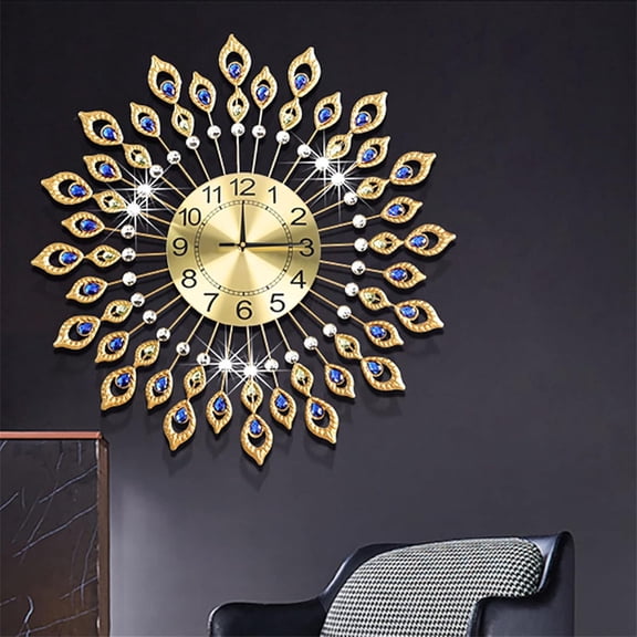 26 Inch Gold Wall Clock With Quartz Movement Silent Non Ticking Peacock Feather Design Metal Frame Decorative Hanging Clock