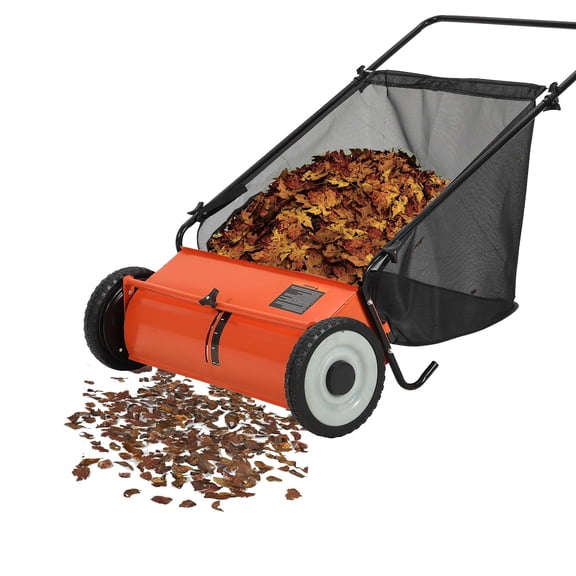 26-Inch Heavy-Duty Push Lawn Sweeper – 4 Fast-Spinning Brushes, Steel Frame, 7 Cu. Ft. Pusher, Adjustable Height, Rubber Wheels – Orange and Black