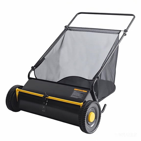 26-Inch Heavy-Duty Push Lawn Sweeper – Enhanced 4-Brush System, Sturdy Steel Frame, 7 Cu. Ft. Adjustable Height Black with yellow hubcaps