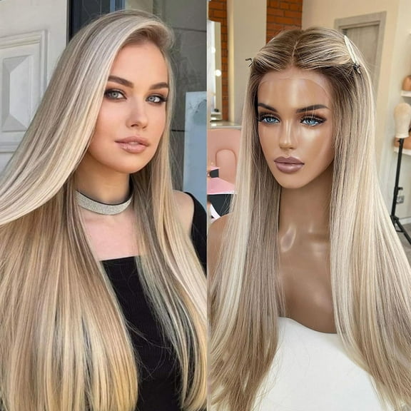 26 Inch Highlight Blonde Synthetic Lace Front Wigs Dark Roots Straight Long Ombre Ash Blonde Pre Plucked Colored Wigs for Women