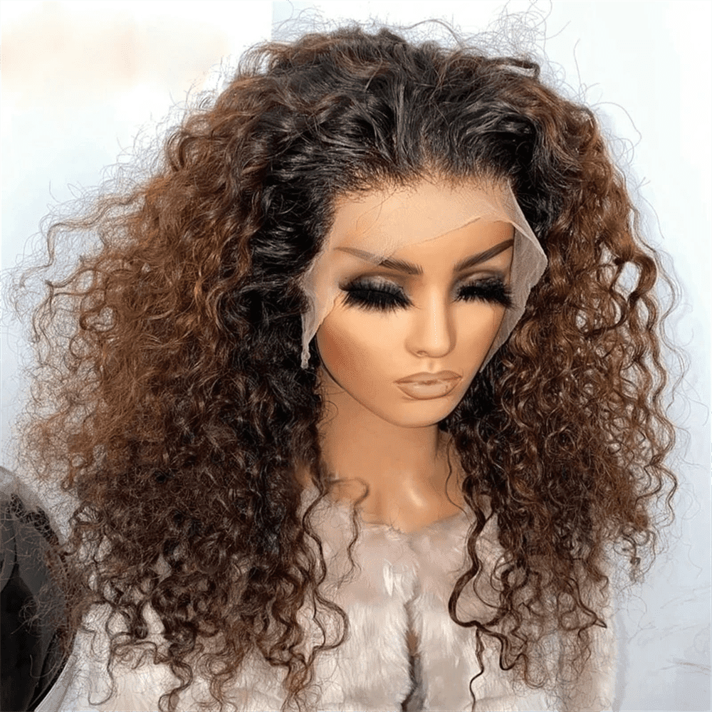 26 Inch Kinky Curly Glueless Ombre Brown Synthetic Hair 180%Density|Lace Front Wig | Preplucked Baby Hair & Heat Resistant | Daily Wig for Women)