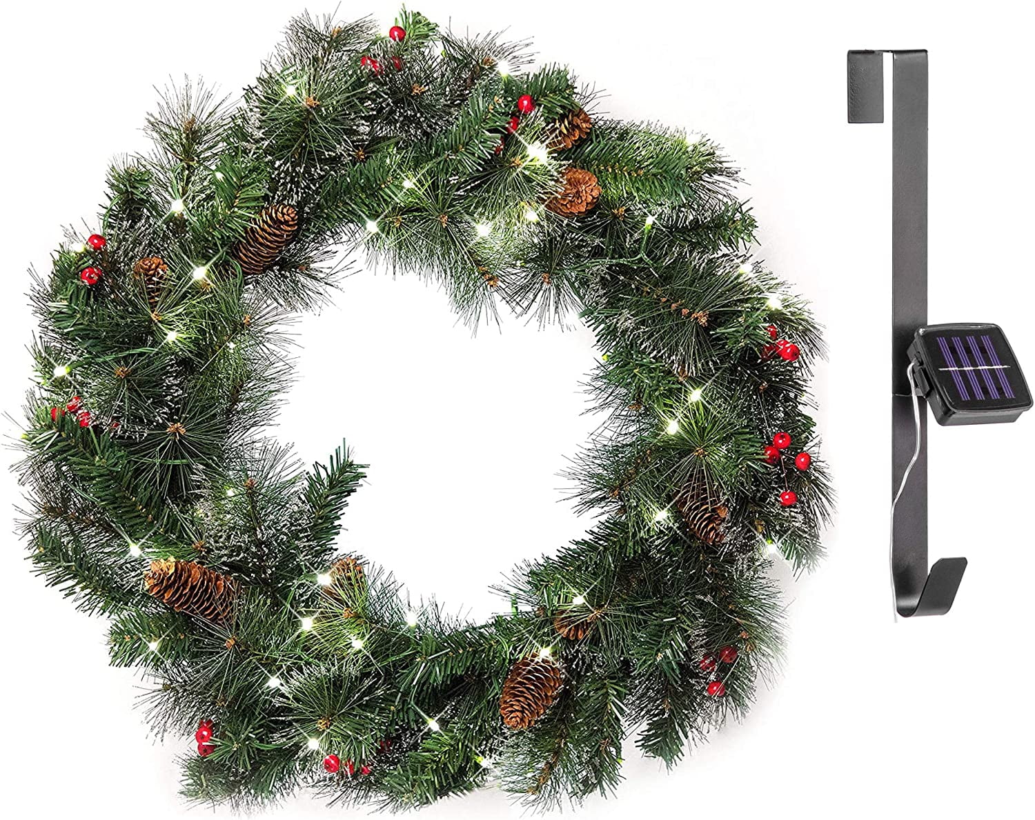 26 Inch LightUp Christmas Wreath With Pinecones And Evergreen, Solar