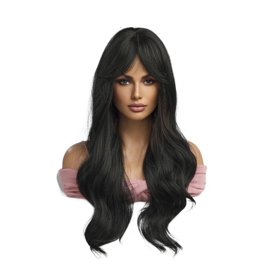 26-Inch Long Black Curly Wig with Middle Part Bangs - High Temperature Silk Hair for Women