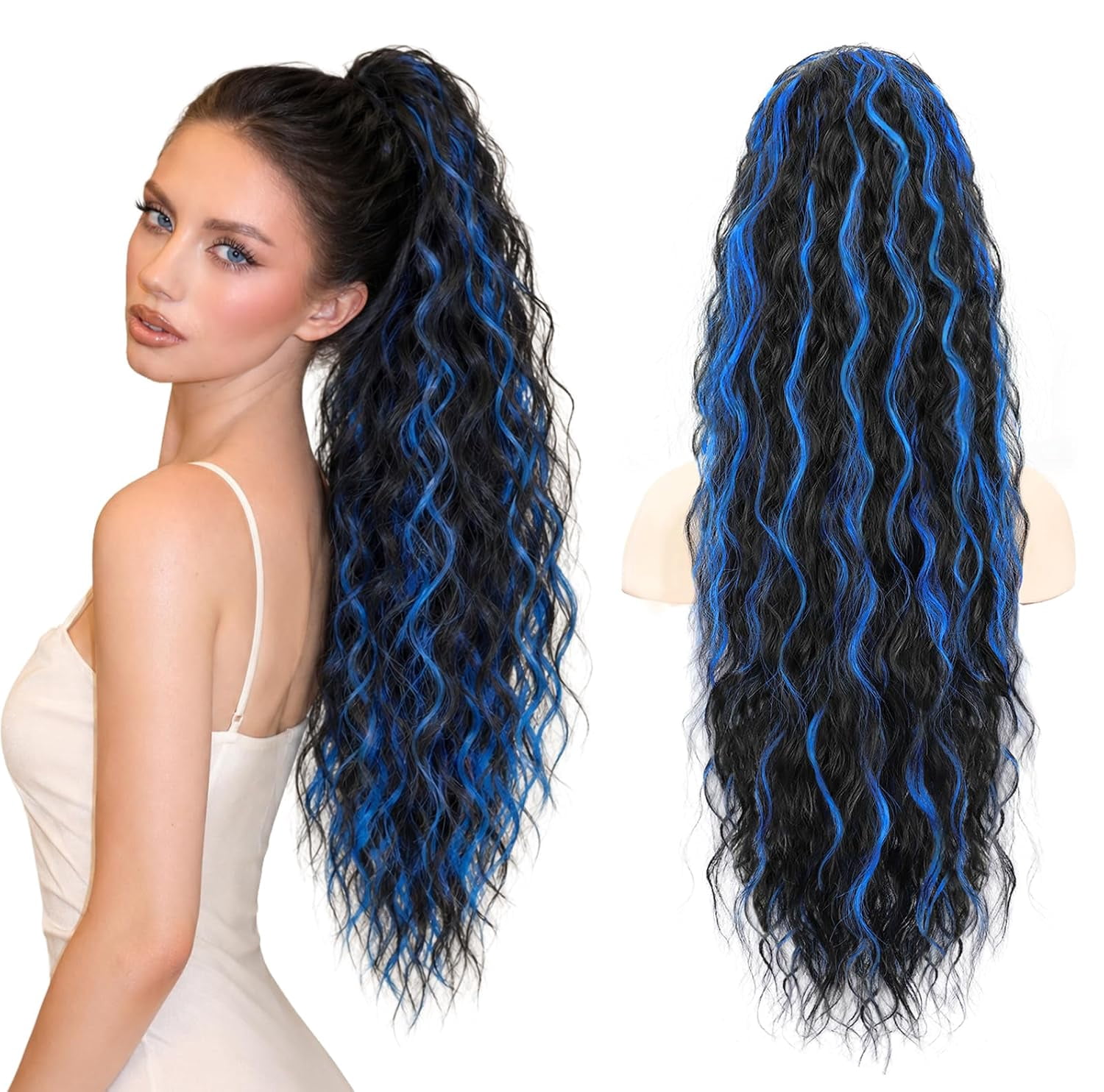 26 Inch Long Black Mix Blue Drawstring Ponytail Extension for Women ...