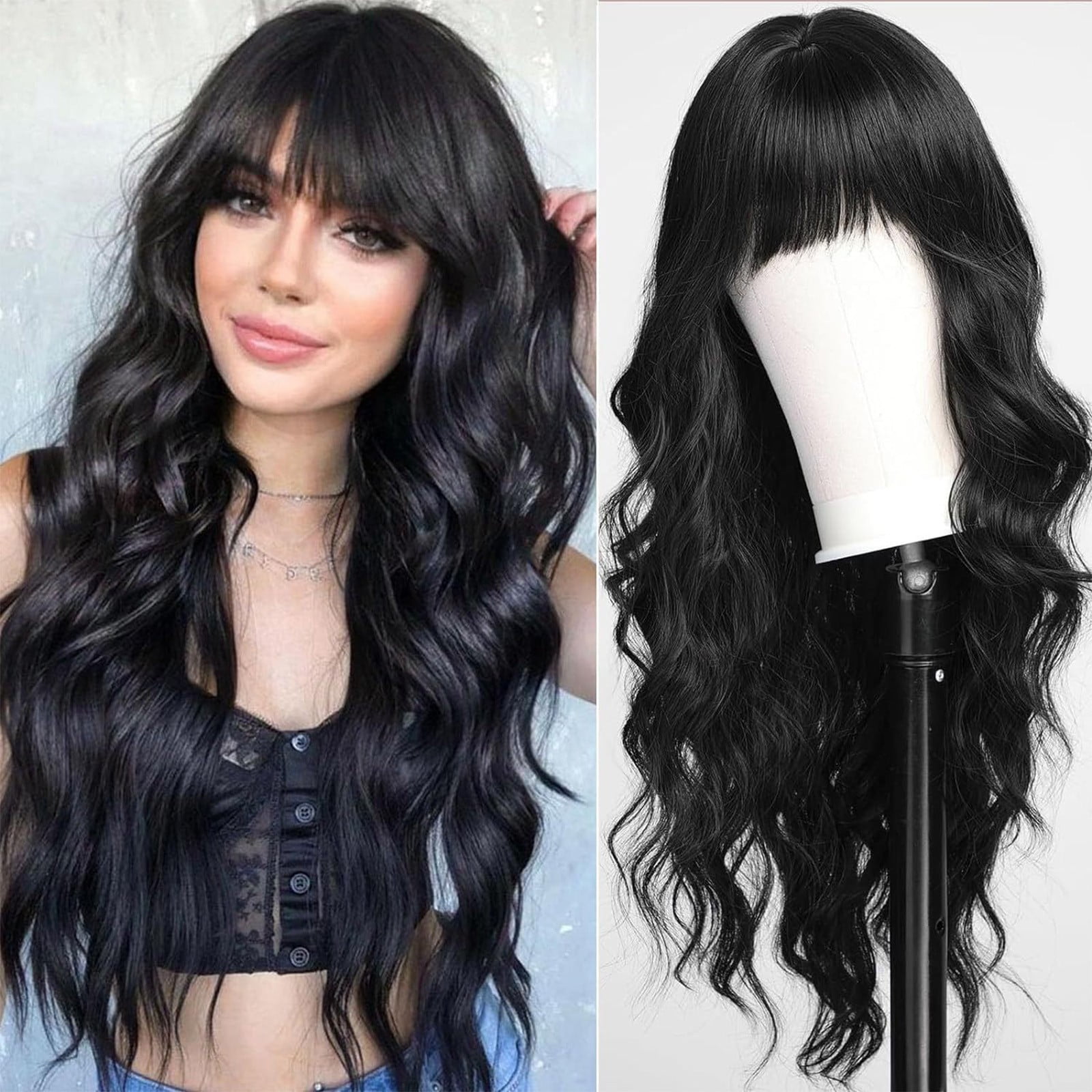 26 Inch Long Wavy Synthetic Wig with bangs for Women,Heat Resistant Human Hair Like Wig,Natural Looking Curly Hairpiece for Daily Use Party Cos-play,A One Size