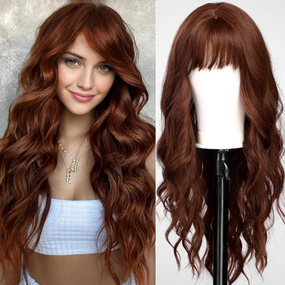 26 Inch Long Wavy Synthetic Wig with bangs for Women,Heat Resistant Human Hair Like Wig,Natural Looking Curly Hairpiece for Daily Use Party Cos-play,C One Size