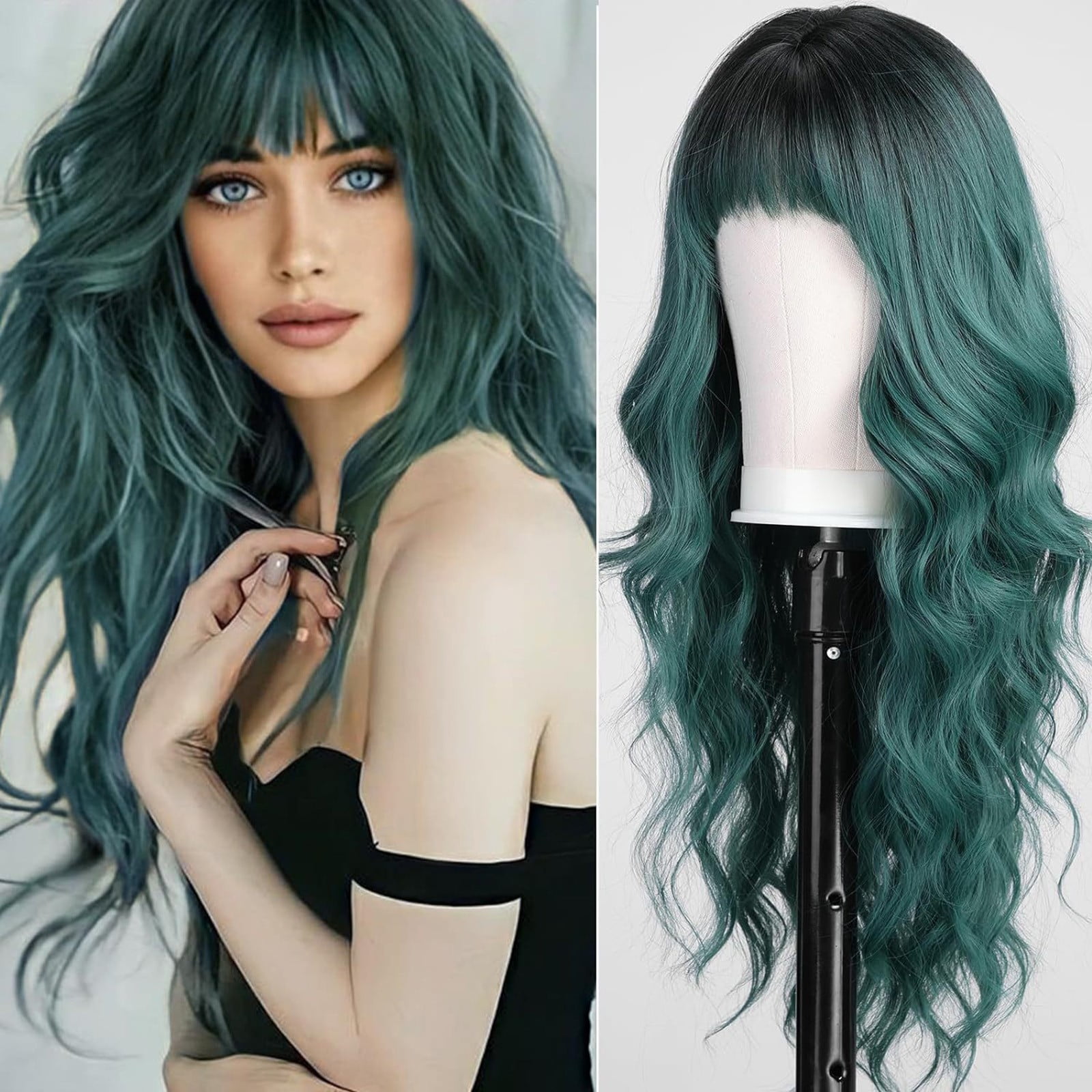 26 Inch Long Wavy Synthetic Wig with bangs for Women,Heat Resistant Human Hair Like Wig,Natural Looking Curly Hairpiece for Daily Use Party Cos-play,E One Size
