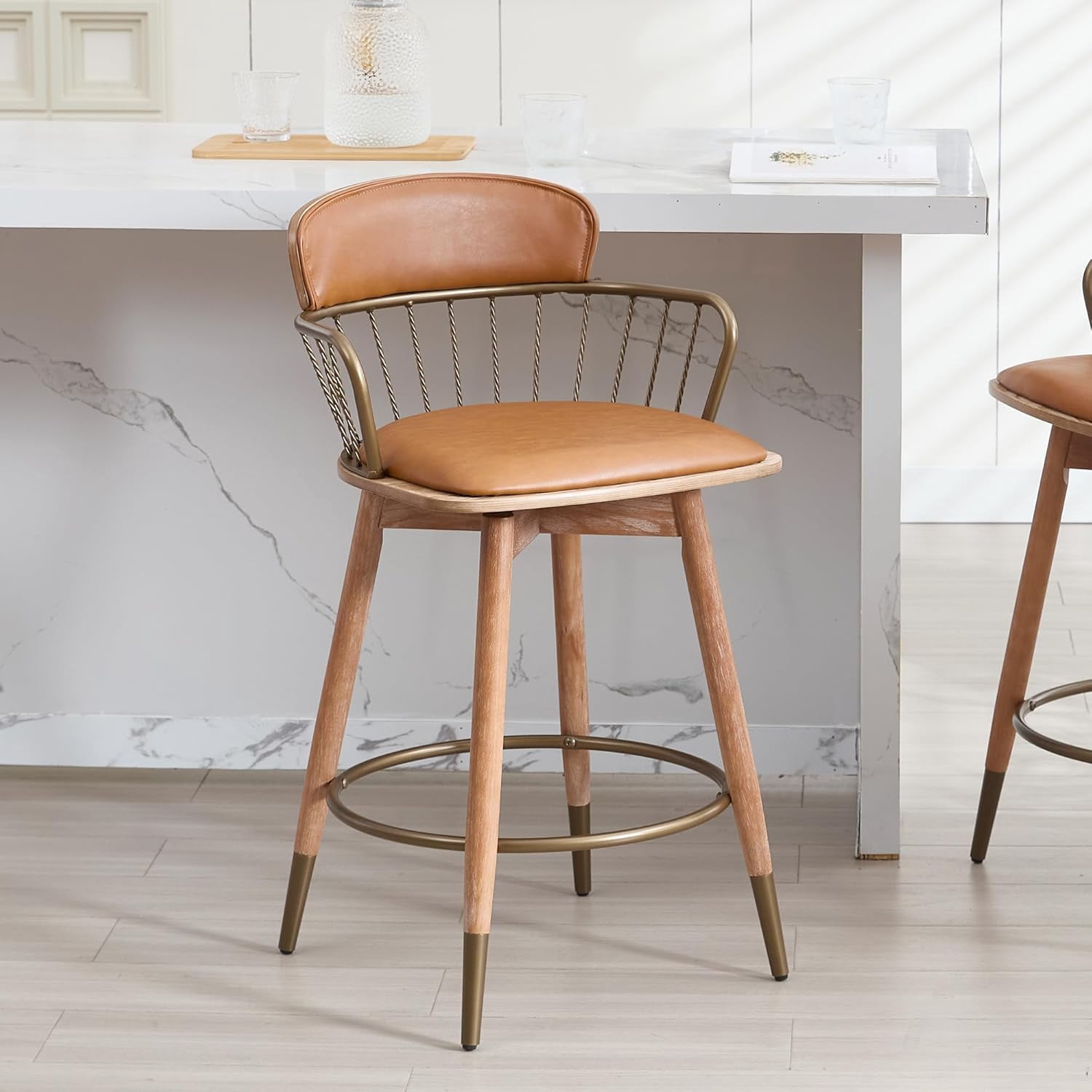 26 Inch Modern Counter Height Bar Stool Set of 1, 360° Swivel Leather ...