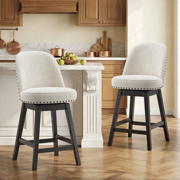 AFO 26" Upholstered Swivel Counter Height Bar Stools Set of 2, Modern Fabric Bar Chairs with Solid Wood Frame, Suitable for 35"-39" Table, For Kitchen Island Dining Room Pub Restaurant, Beige