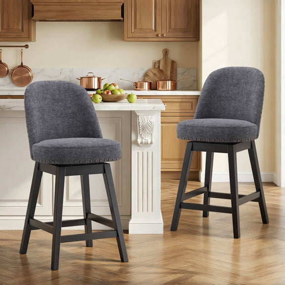 AFO 26" Upholstered Swivel Counter Height Bar Stools Set of 2, Modern Bar Chairs with Solid Wood Frame, Suitable for 35"-39" Table, For Kitchen Island Dining Room Pub Restaurant, Dark Gray