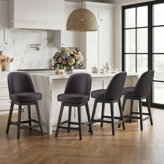 AFO 26" Upholstered Swivel Counter Height Bar Stools Set of 4, Modern Faux Leather Bar Chairs with Solid Wood Frame, Suitable for 35"-39" Table, For Kitchen Island Dining Room Pub Restaurant, Black