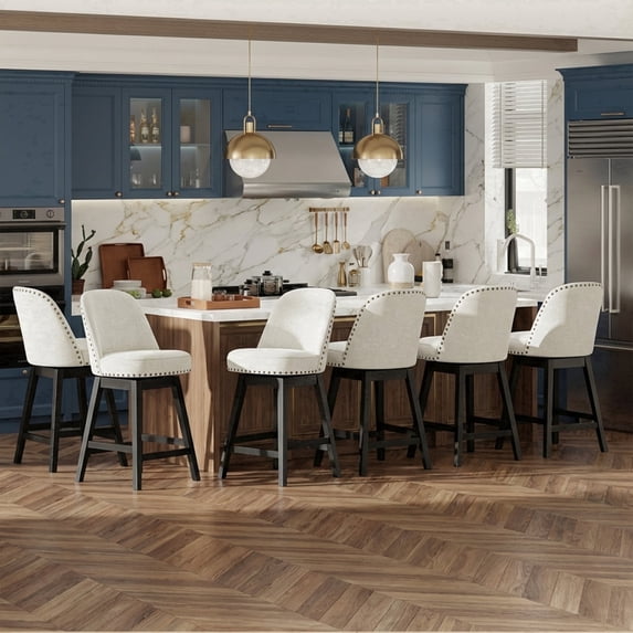 AFO 26" Upholstered Swivel Counter Height Bar Stools Set of 6, Modern Fabric Bar Chairs with Solid Wood Frame, Suitable for 35"-39" Table, For Kitchen Island Dining Room Pub Restaurant, Beige